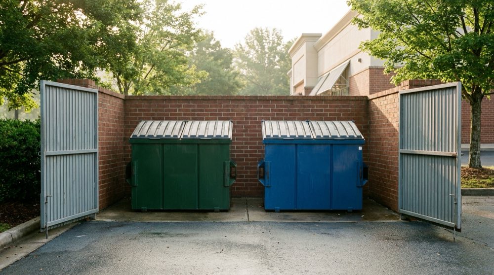 Trash and cardboard recycling dumpsters in a brick enclosure behind a shopping center